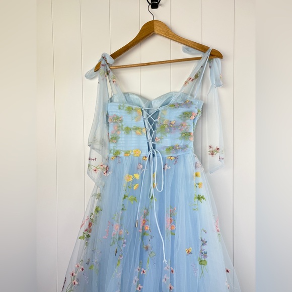 Elegant Cottagecore Tulle Embroidered Whimsy Floral Prom Dress in Light Blue 2 - Picture 6 of 15